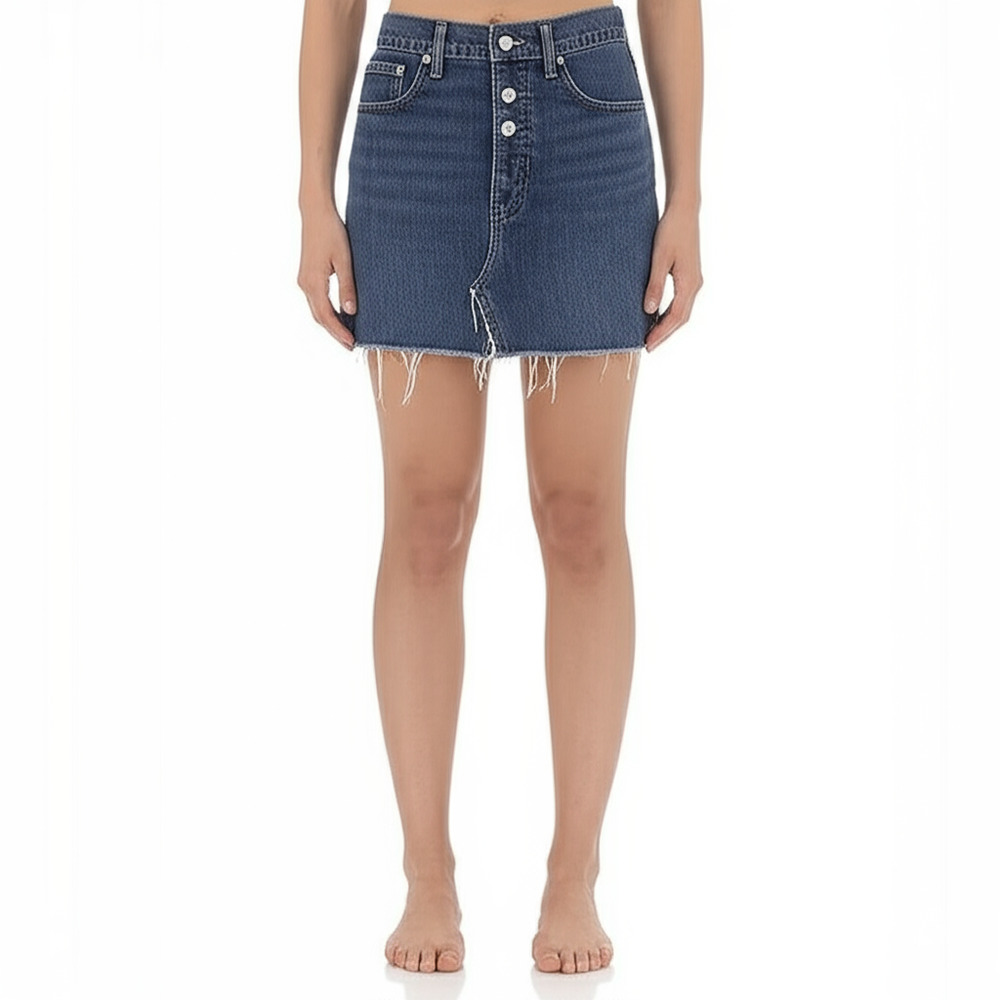 Hollister Denim Mini Skirt Womens Size 14 Blue Raw Hem Five Pocket Casual Chic